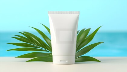 White squeeze tube of lotion or cream sits on a white surface, flanked by tropical leaves against a blurred ocean background