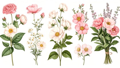 Beautiful Floral Illustrations of Various Pink and White Flowers with Delicate Leaves and Bouquets