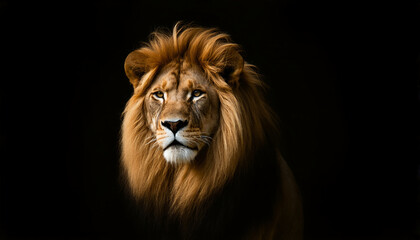 Fototapeta premium Majestic Lion with Golden Mane, Serene Portrait on Dark Background, Wildlife Photography, Powerful Animal Close-Up