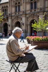 Obraz premium Retirement Pastime: Elderly Asian Man Drawing Historic Structure from Portable Seat