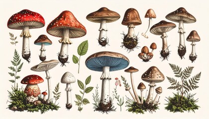 Colorful and Vibrant Illustrations of Various Mushroom Species with Detailed Features and Background Elements