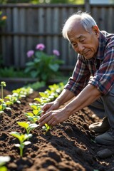 Fototapeta premium Experienced Gardener: Elderly Asian Man Kneeling by Tidy Backyard Vegetable Bed