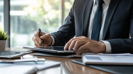 Executive planning strategy with tablet and pen in corporate setting