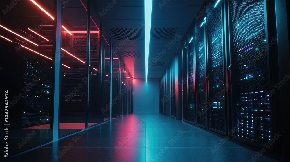 Poster high-tech server corridor with contrasting red and blue led lighting, mirrored reflections, and adva