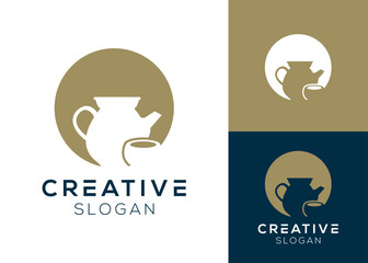 Silhouette of teapot and glass inside circle logo design for cafe or tea shop