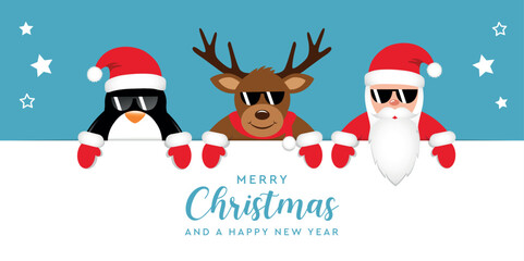 cute penguin deer and santa cartoon with sunglasses vector illustration