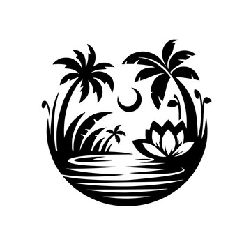 Minimalist Tropical Circle Graphic: Palm Trees, Crescent Moon, Lotus Flower, Water - Black and White Illustration