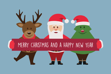cute christmas characters with merry christmas greeting message vector illustration