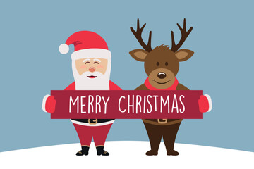 cute santa claus and deer with merry christmas greeting message vector illustration