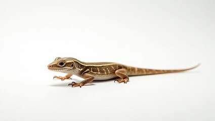 Fototapeta premium A close-up of a striped gecko on a light background, showcasing its intricate skin patterns and vibrant colors.