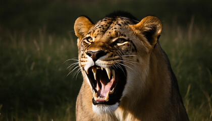 Naklejka premium Fierce Lioness Roaring Close-Up, Wild African Predator, Majestic Big Cat in Action, Wildlife Photography