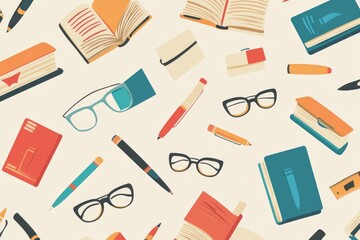 Colorful pattern of stationery items on a light background.