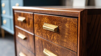 A beautifully restored vintage wooden dresser with brass handles.