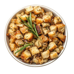 A bowl of crispy, seasoned bread stuffing, perfect as a Thanksgiving side dish.