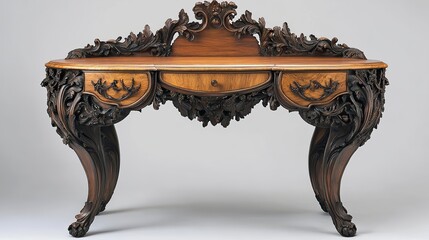 A custom-made vintage vanity table with intricate hand-carved details.