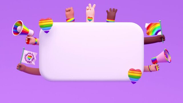 Happy Pride looping video with blank message text box and festive hands with flags and megaphones in 3d animation. LGBTQIA+ Pride month and love diversity celebration