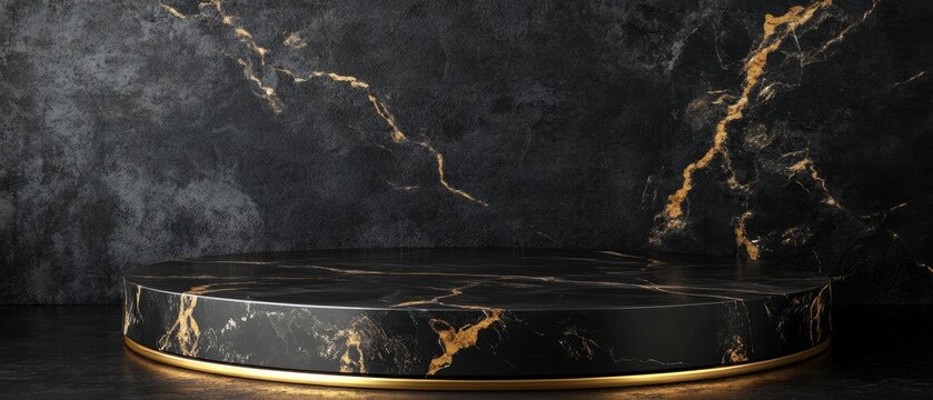Round black marble podium with gold accents. - Powered by Adobe