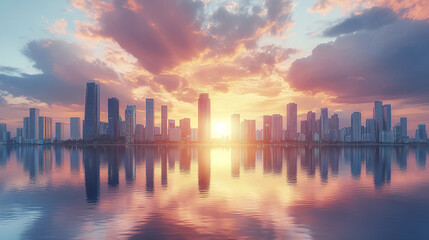 Obraz premium stunning urban skyline at sunset, reflecting beautifully on water surface
