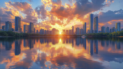 Fototapeta premium stunning urban skyline at sunset, reflecting beautifully on water surface