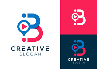 Letter B with play button and pin location logo design to share friends location