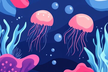 Vibrant underwater scene with pink jellyfish and coral.