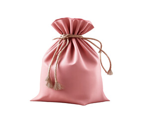 A pink fabric pouch tied with twine, placed on a transparent background. Concept of gift wrapping, packaging, and elegance