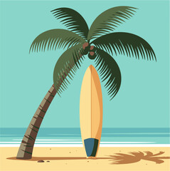 Calm Tropical Beach with Surfboard and Palm Tree Illustration Vector