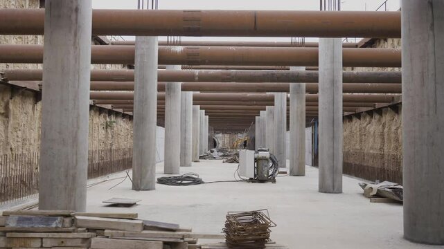 Reinforcing underground construction with concrete and steel supports. Metro station platforms near completion. Subway station building