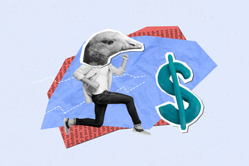 Surreal image collage of person duch face with dollars symbol on blue background