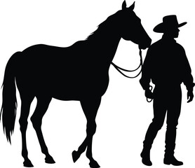 Black silhouette of a cowboy leading a horse on a white background