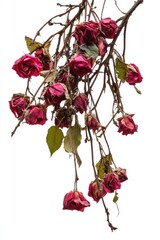 Dried Roses Hanging from a Branch on a White Background Capturing the Beauty of Decay and Ephemeral Nature in a Studio Shot with a High Angle and Soft Lighting