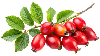 A cluster of ripe rose hips on a branch with lush green leaves isolated on Trensprent  Background png