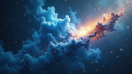 Cosmic Cloud Collision A Celestial Dance of Blue and Orange Nebulae, Illuminated by Sparkling Stardust