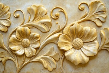 Ornate gold floral relief sculpture design on beige backdrop.