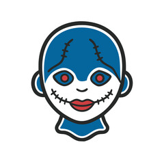 Creepy porcelain doll face illustration in bold colors  