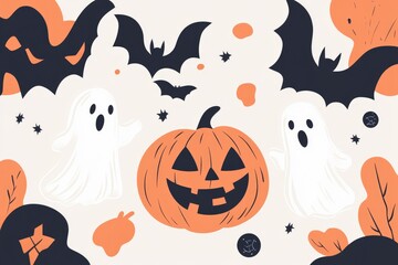 Fototapeta premium Spooky halloween design with bats, ghosts and pumpkin.