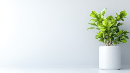Indoor Plant in White Pot Minimalist Style High-Resolution Soft Lighting Right-Side Composition Lush Green Foliage Peaceful Atmosphere White Background Serene Mood Home Decor Websites