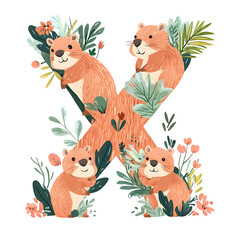 Fototapeta premium Illustration of the letter X decorated with stylized plants and four cartoon gophers, a cute design.