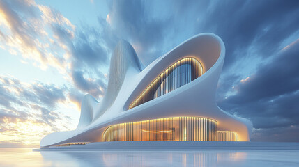 stunning architectural design of modern building with flowing curves and large glass windows