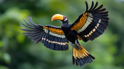 Naklejka premium Colorful rhinoceros hornbill soaring in tropical jungle