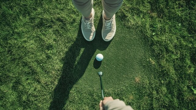 Aerial view of a golfer preparing to putt.