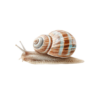 A detailed image of a snail with a striped shell, slowly moving on a white background. Concept of nature, calmness, and slow movement in the natural world