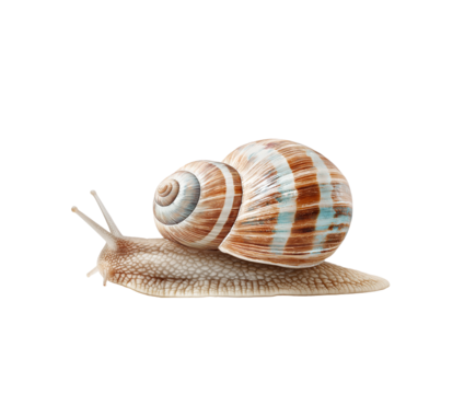 A detailed image of a snail with a striped shell, slowly moving on a white background. Concept of nature, calmness, and slow movement in the natural world