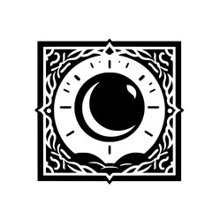 Mystic Crescent Moon Eye Symbol with Ornate Frame - Graphic Black White Illustration