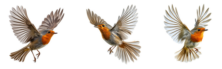 Obraz premium Collection of a Robin in Flight Captured with Fully Spread Wings Isolated on a White or Transparent Background 