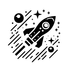 Dynamic Black and White Stylized Rocket Ship in Space Icon Illustration