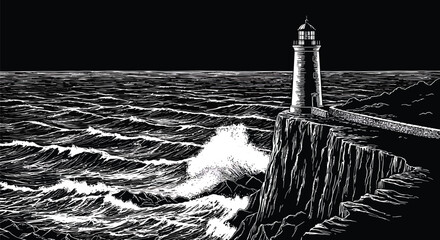 Fototapeta premium Lone Lighthouse, Rocky Coast, Dramatic Waves