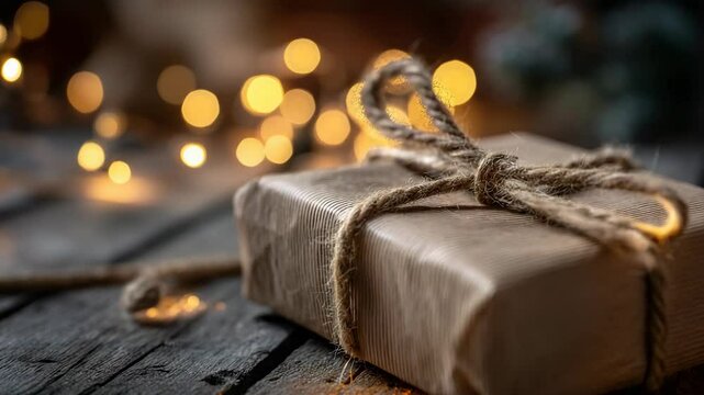 Wrapped gift with rustic twine bow on a dark wood surface surrounded by blurry golden lights and tree branch