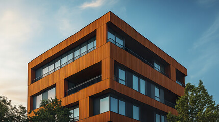 Obraz premium Modern wooden facade office building twilight sky, showcasing sleek architecture and design