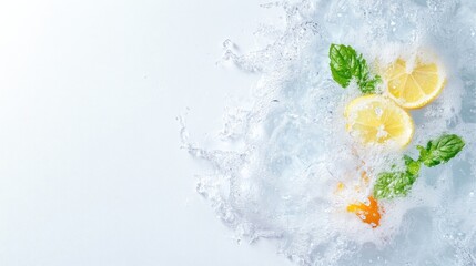 Fresh lemon slices with mint leaves splashing into clear water, vibrant and refreshing composition, close-up view, and summer and hydration concept.